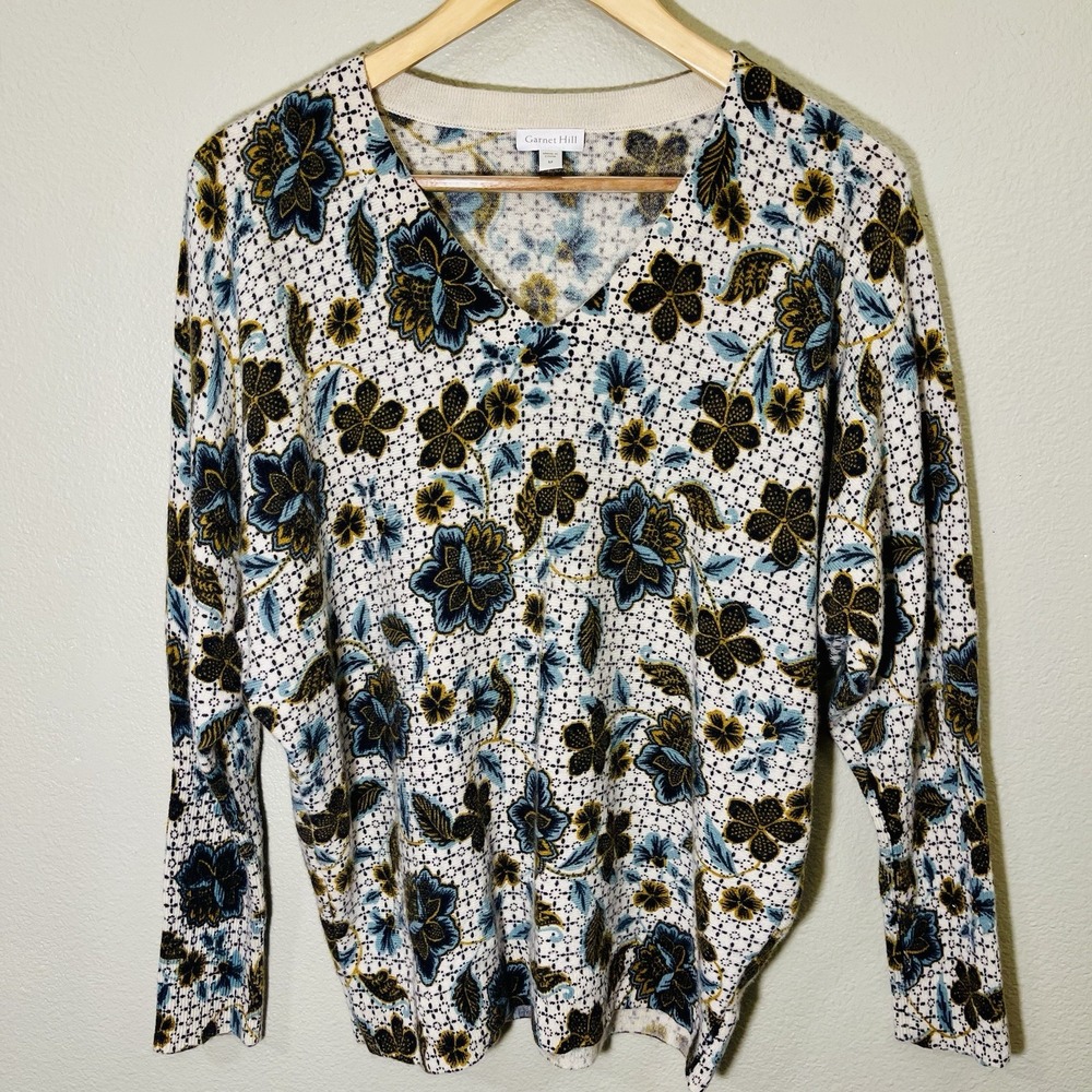 Garnet Hill Floral‎ 100% Cashmere Pullover Sweater V Neck Warm Cozy Boho Size M